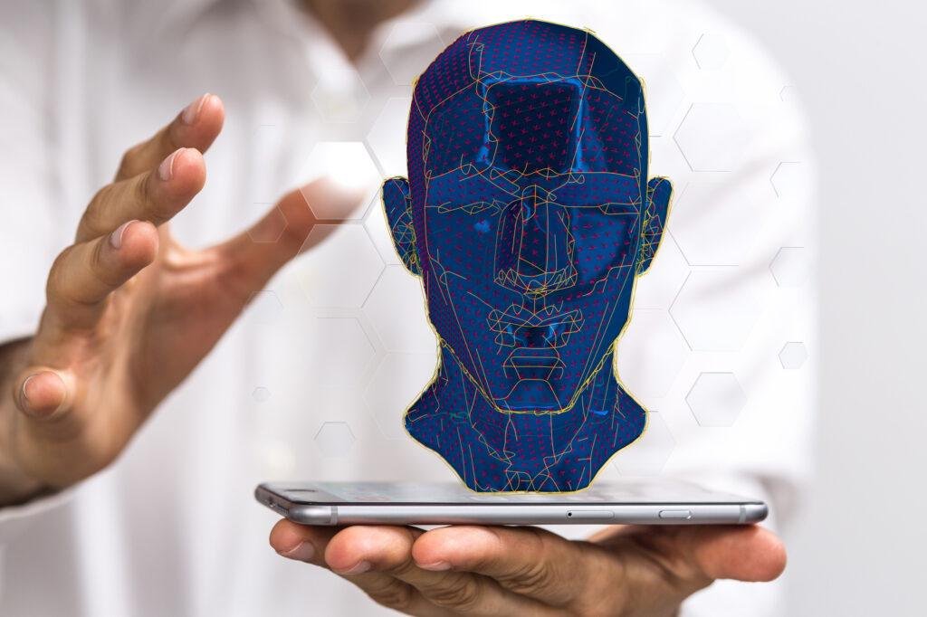 3D render of a holographic digital style human brain conveying the idea